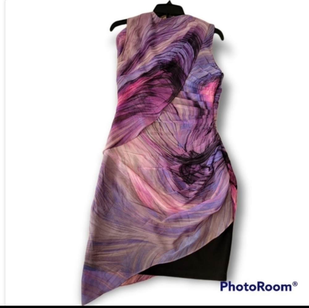 Elizabeth and James 100% Silk Sunset Abstract Mini Dress Sleeveless Purple Sz S - Picture 2 of 9